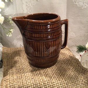 Large Brown Barrel Pitcher Stoneware Large Farmhouse Country Cottage
